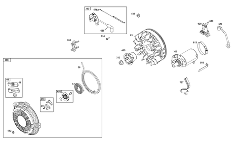 Flywheel, Ignition, And Starter Group Diagram and Parts List for 305447-0337-G1 200000 - 399999 Briggs and Stratton Engine